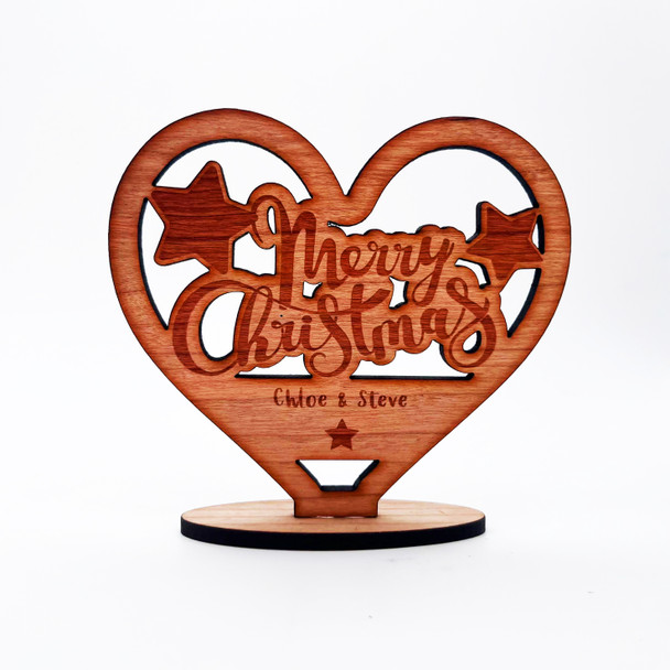 Engraved Wood Merry Christmas Heart Festive Star Keepsake Personalized Gift