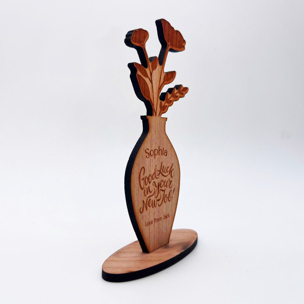 Engraved Wood Good Luck In Your New Job Flowers Keepsake Personalized Gift