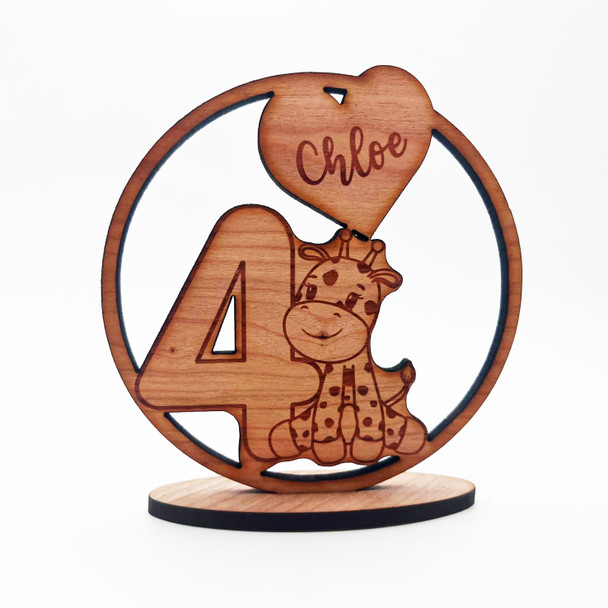 Engraved Wood 4th Birthday Kids Cute Giraffe Heart Keepsake Personalized Gift