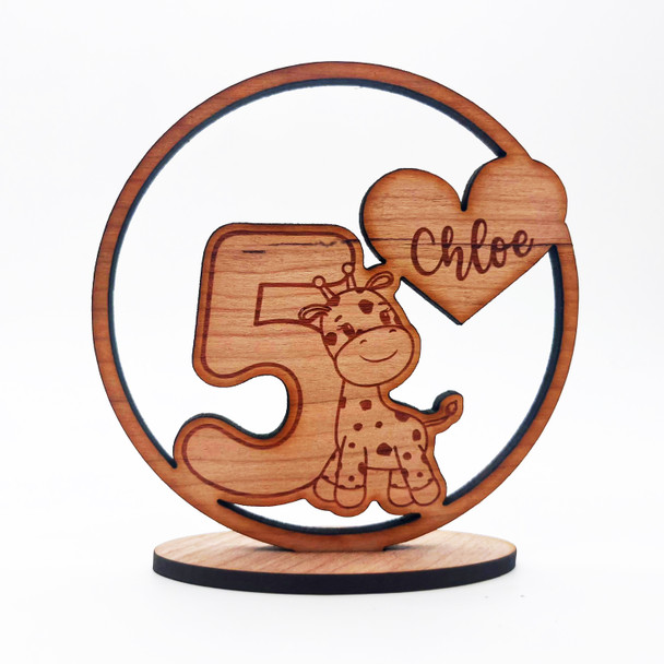 Engraved Wood 5th Birthday Kids Cute Giraffe Heart Keepsake Personalized Gift