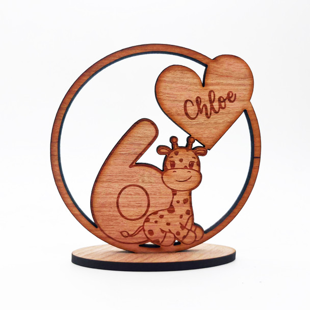 Engraved Wood 6th Birthday Kids Cute Giraffe Heart Keepsake Personalized Gift