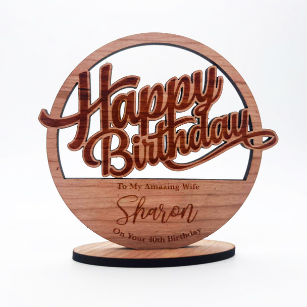 Engraved Wood Happy Birthday Text Banner Round Keepsake Personalized Gift