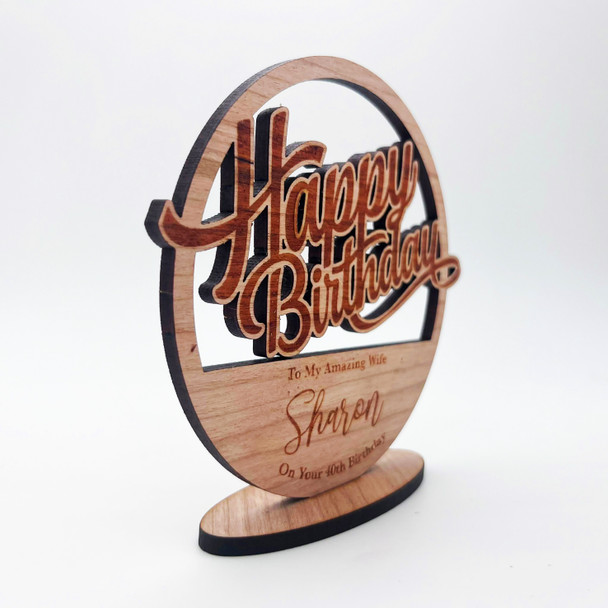 Engraved Wood Happy Birthday Text Banner Round Keepsake Personalized Gift
