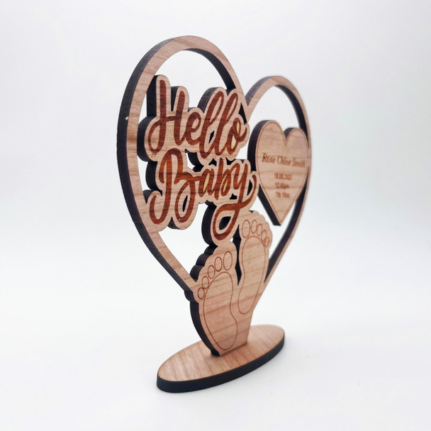 Engraved Wood Hello New Baby Footprints Heart Keepsake Personalized Gift