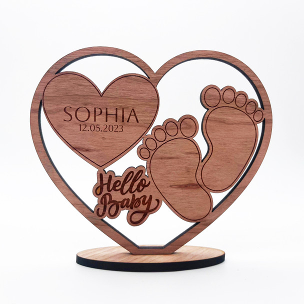 Engraved Wood Hello New Baby Hearts Footprints Keepsake Personalized Gift