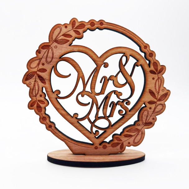 Engraved Wood Mr & Mrs Wedding Day Floral Wreath Keepsake Personalized Gift