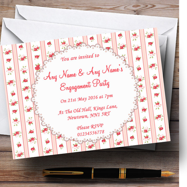 Pink Red Roses Shabby Chic Stripes Personalized Engagement Party Invitations