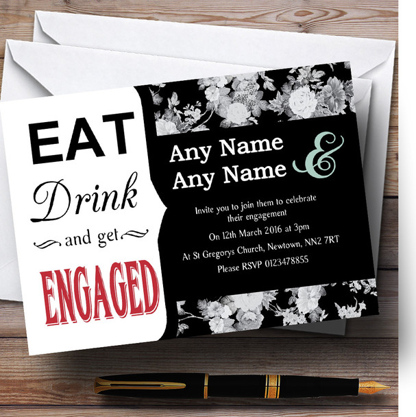 Black Rose Eat Drink Personalized Engagement Party Invitations