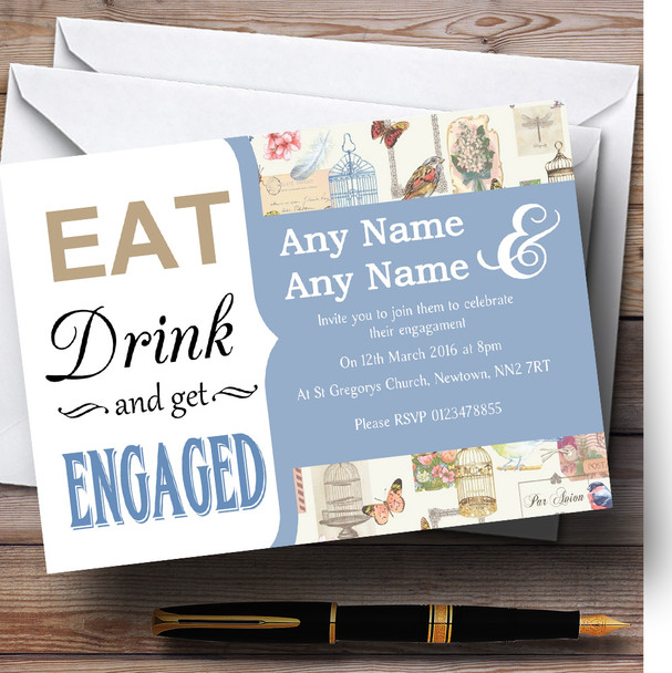 Blue Eat Drink Vintage Birdcage Personalized Engagement Party Invitations