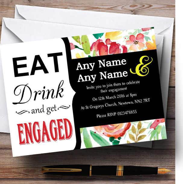 Eat Drink Pink Yellow Watercolour Flowers Personalized Engagement Party Invitations