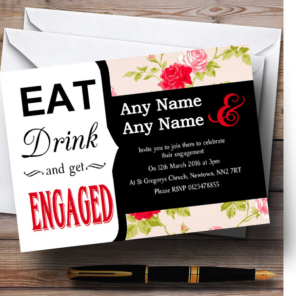 Modern Eat Drink Coral Flowers Personalized Engagement Party Invitations