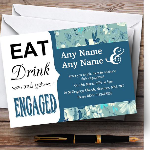 Pale Turquoise Blue Vintage Eat Drink Personalized Engagement Party Invitations