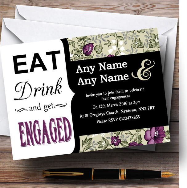 Purple And Sage Green Vintage Damask Eat Drink Personalized Engagement Party Invitations