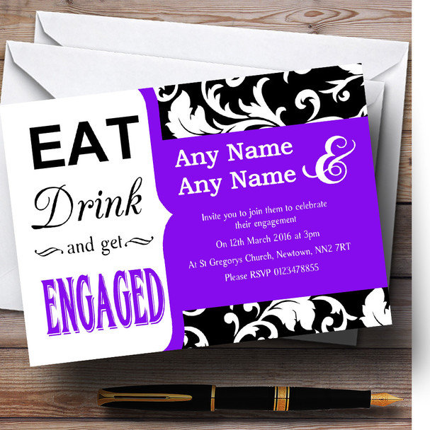 Purple Vintage Damask Eat Drink Personalized Engagement Party Invitations