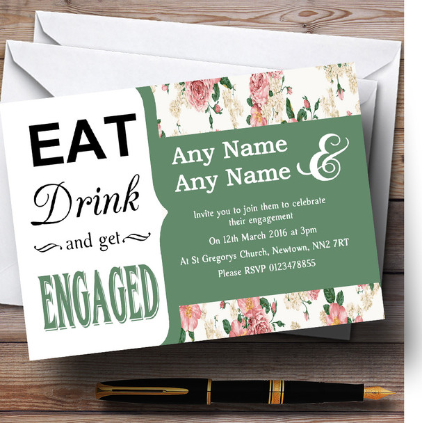 Sage Green Pink Vintage Floral Eat Drink Personalized Engagement Party Invitations