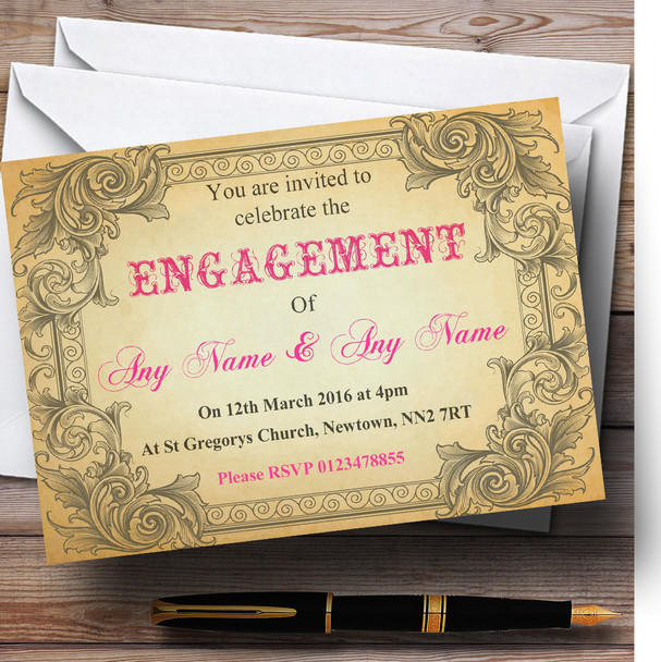 Typography Vintage Hot Pink Postcard Personalized Engagement Party Invitations