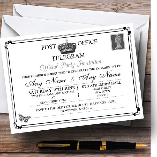 Vintage Telegram Elegant White Personalized Engagement Party Invitations