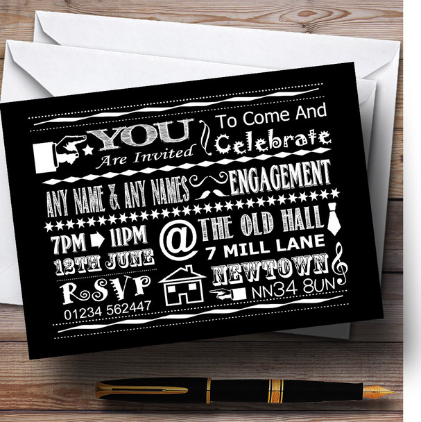 Cool Vintage Fun Chalk Typography Black Personalized Engagement Party Invitations