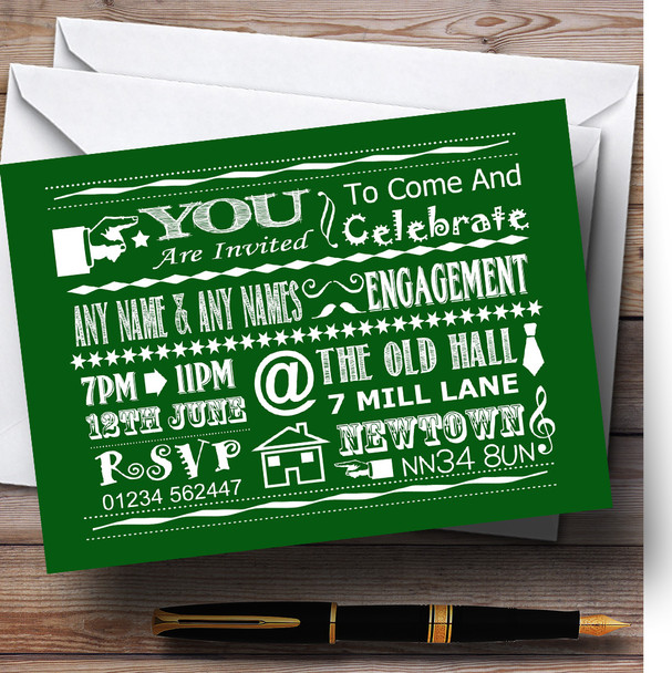 Cool Vintage Fun Chalk Typography Green Personalized Engagement Party Invitations