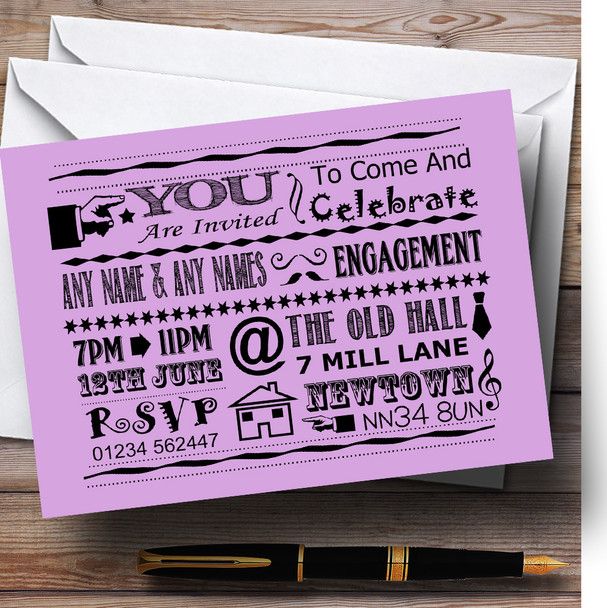 Cool Vintage Fun Chalk Typography Lilac Personalized Engagement Party Invitations
