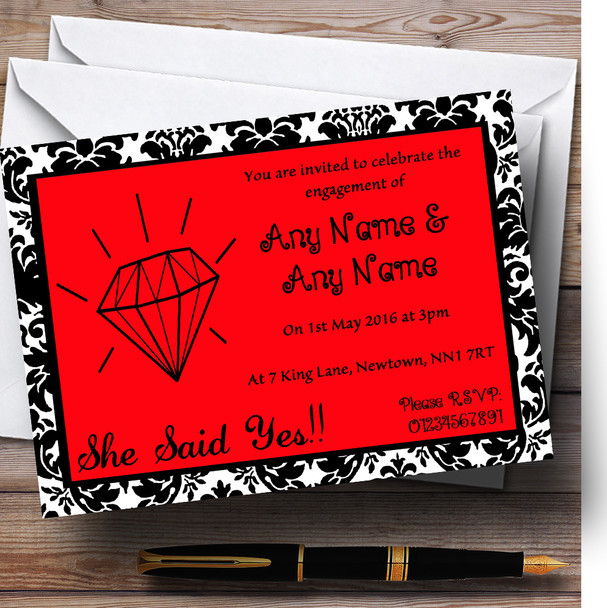 Red Diamond Damask Personalized Engagement Party Invitations