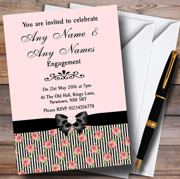Coral Pink Rose Shabby Chic Black Stripes Personalized Engagement Party Invitations