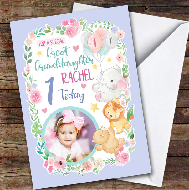 Animal Balloons Purple Photo Great Granddaughter 1st Personalized Birthday Card