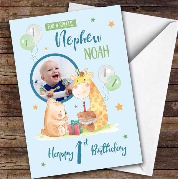 Bear Giraffe Blue Cake Photo Nephew 1st Boys Custom Personalized Birthday Card