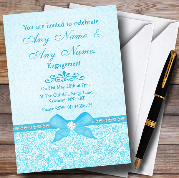 Pretty Floral Vintage Bow & Diamante Aqua Sky Blue Personalized Engagement Party Invitations