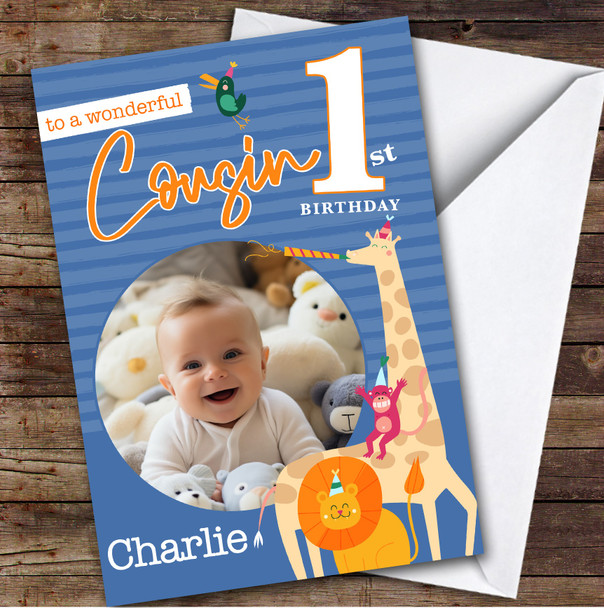 Cousin 1st Blue Party Safari Animals Photo Custom Personalized Birthday Card