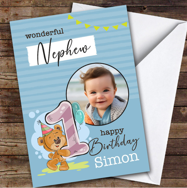 Nephew 1st Blue Teddy Bear Photo Boys Custom Personalized Birthday Card