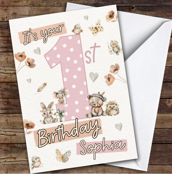 a 1st Watercolour Woodland Animals Custom Personalized Birthday Card