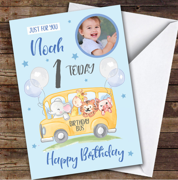 Animal Bus Balloon Blue Photo 1st Custom Personalized Birthday Card