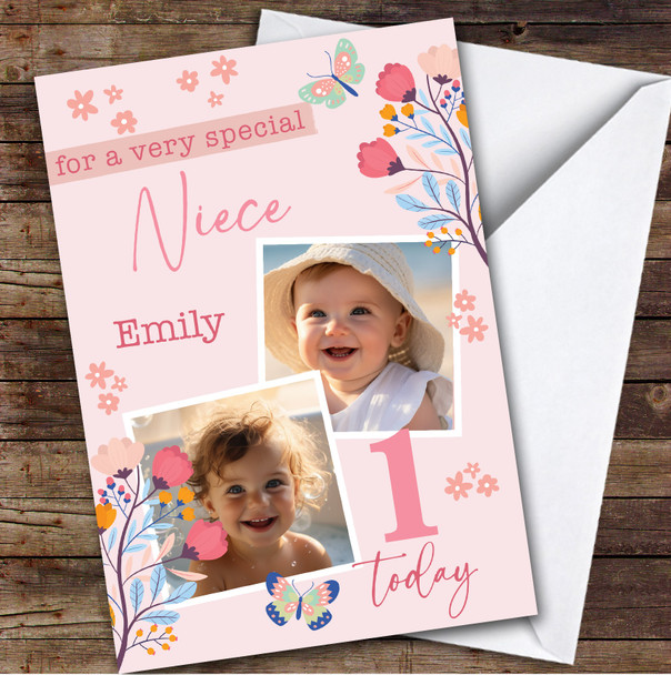 Niece 1st Pink Floral Photo Girls Custom Personalized Birthday Card
