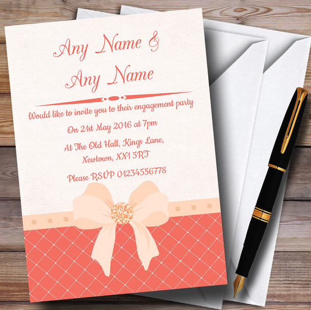 Quilted Look Coral Bow Personalized Engagement Party Invitations