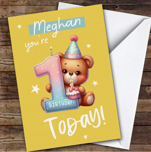 1st Teddy Bear With Candle Custom Personalized Birthday Card