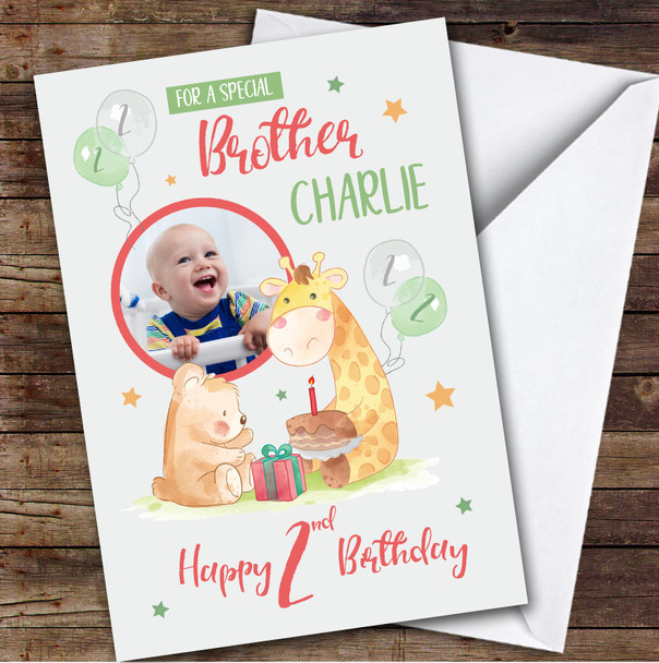 Bear Giraffe Grey Cake Photo Brother 2nd Boys Custom Personalized Birthday Card
