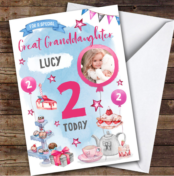 Tea Party Photo Great Granddaughter 2nd Girls Custom Personalized Birthday Card