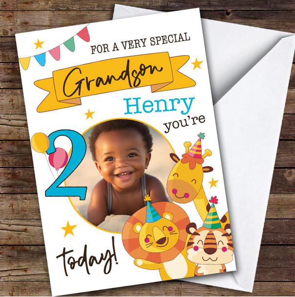 Grandson 2nd Safari Party Animals Photo Boys Custom Personalized Birthday Card