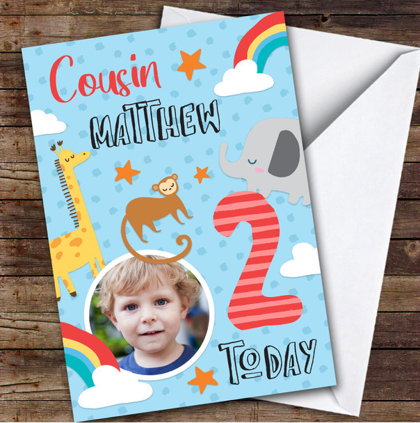 Wild Jungle Safari Animals Rainbow Photo Cousin 2nd Personalized Birthday Card