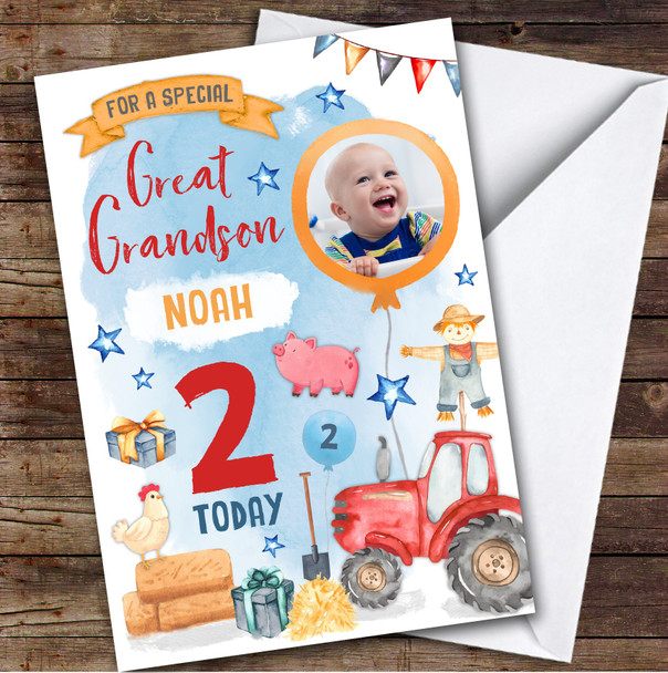 Animal Farm Tractor Photo Great Grandson 2nd Boys Personalized Birthday Card
