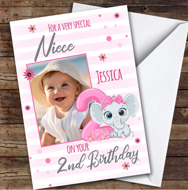 Niece 2nd Pink Floral Elephant Photo Girls Custom Personalized Birthday Card