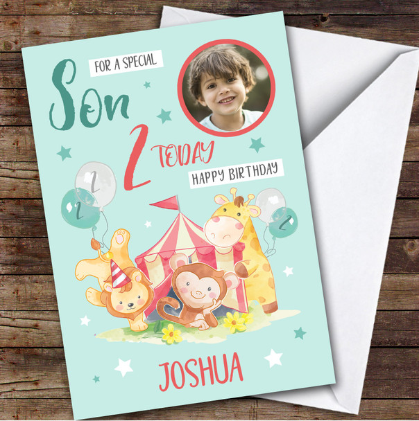 Circus Animals Blue Photo Son 2nd Boys Custom Personalized Birthday Card
