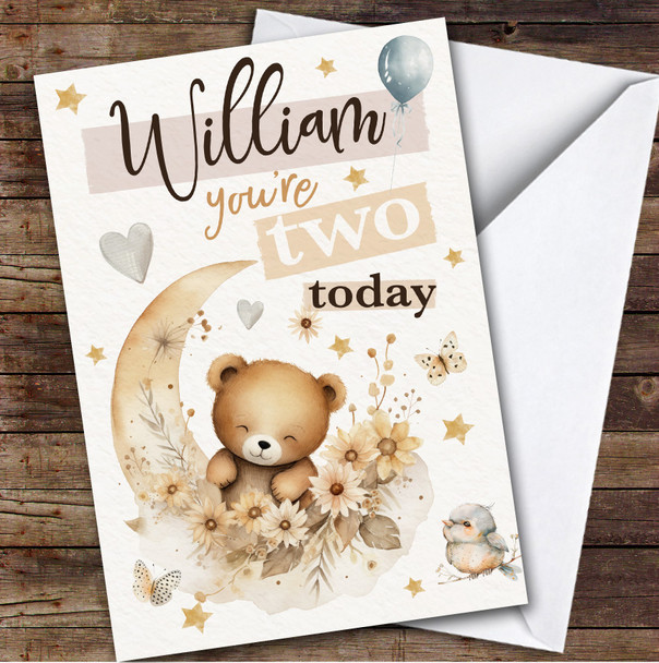 2nd Cute Teddy Bear Crescent Moon Custom Personalized Birthday Card