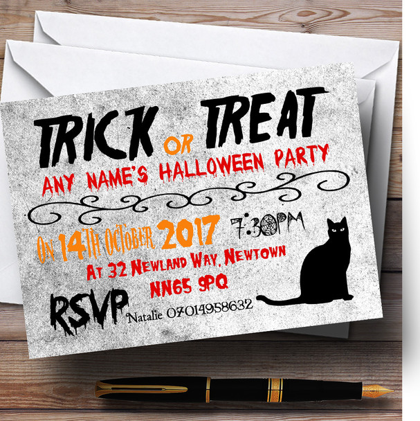 Trick Or Treat Black Cat Personalized Halloween Party Invitations