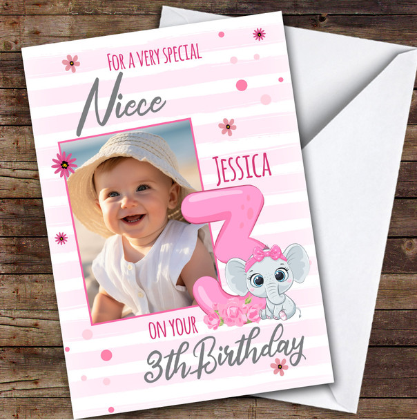 Niece 3rd Pink Floral Elephant Photo Teenager Custom Personalized Birthday Card