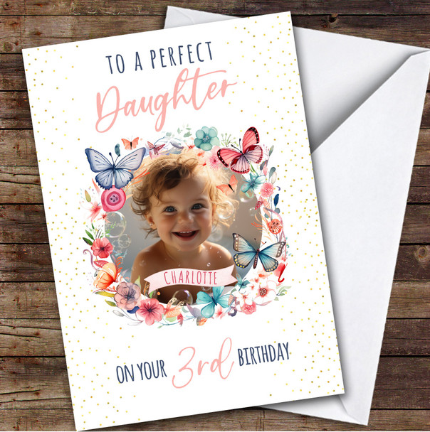 Daughter 3rd Floral Butterflies Wreath Photo Custom Personalized Birthday Card