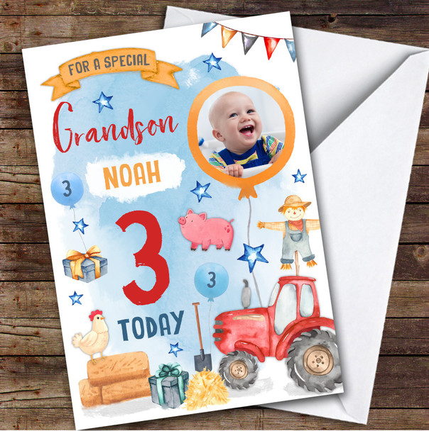 Animal Farm Tractor Photo Grandson 3rd Boys Custom Personalized Birthday Card