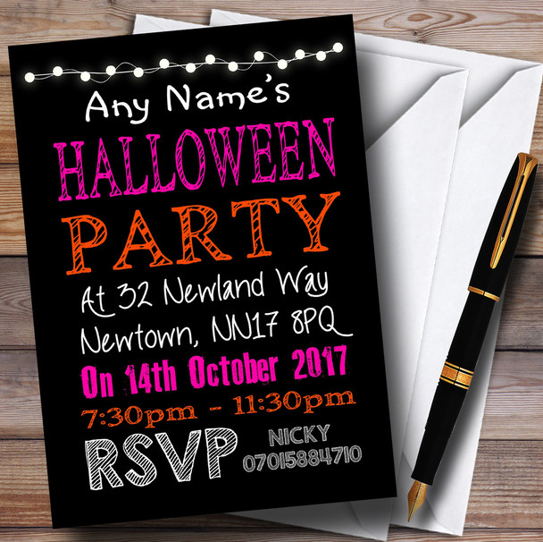 Pink Orange & Black Personalized Halloween Party Invitations