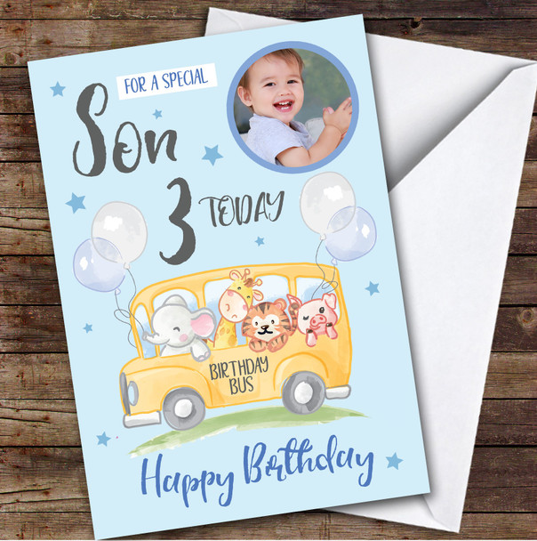 Animal Bus Balloon Blue Photo Son 3rd Boys Custom Personalized Birthday Card